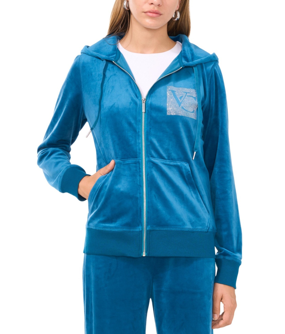 Vince Camuto Women Velour Rhinestone Logo Hoodie Teal Size XS